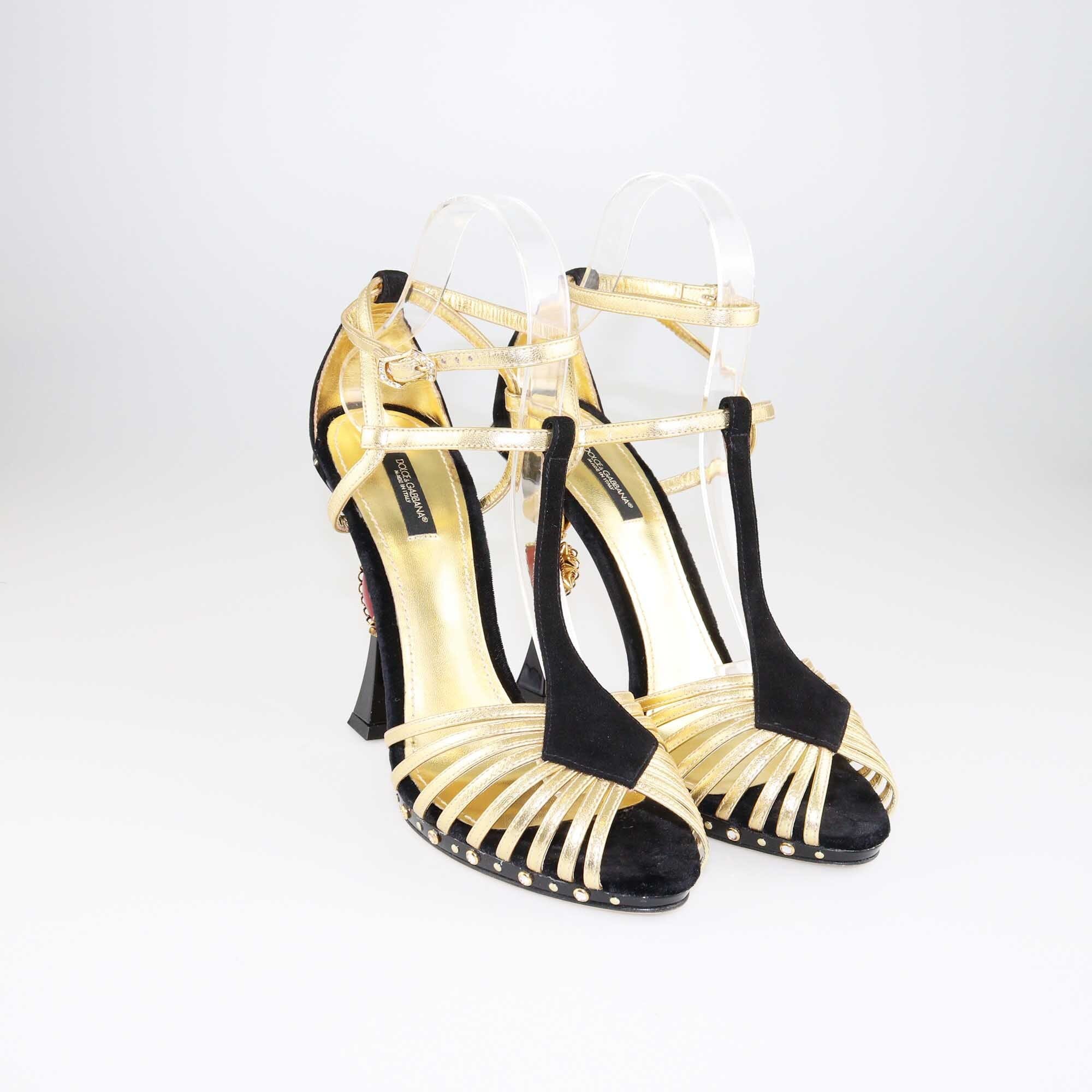 Dolce & Gabbana Black/Gold Heart Sculptured Heel Sandals Shoes Dolce & Gabbana 