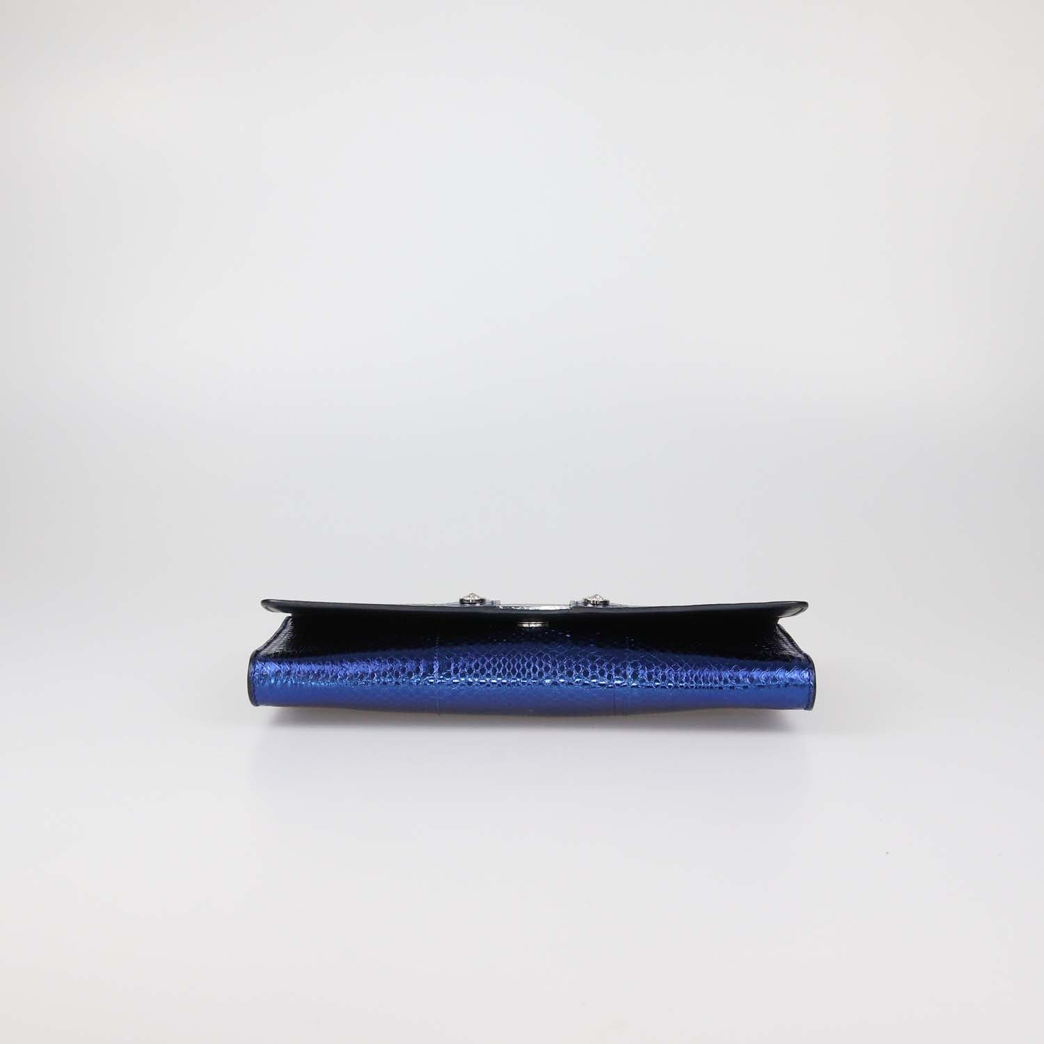 Versus Versace Metallic Blue Snake Embossed Leather Chain Clutch