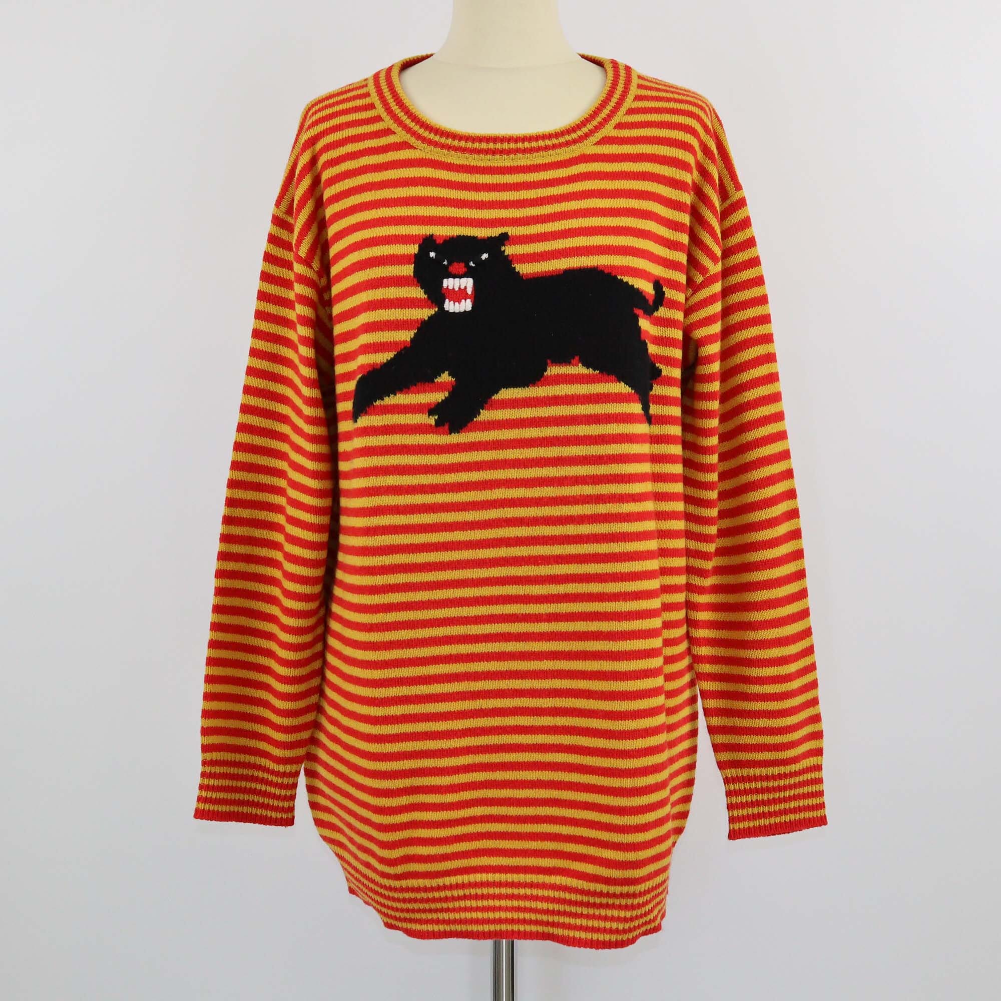 Gucci Red & Yellow Striped Panther Intarsia Knit Sweater Womens Gucci 