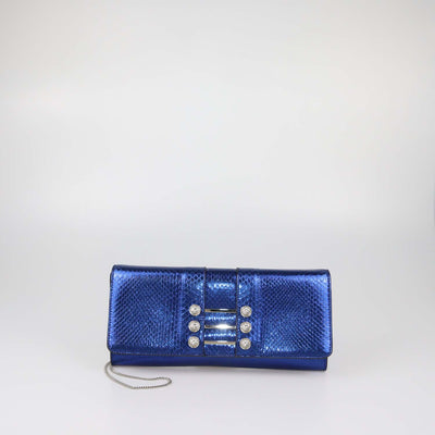 Versus Versace Metallic Blue Snake Embossed Leather Chain Clutch