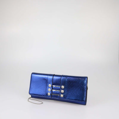 Versus Versace Metallic Blue Snake Embossed Leather Chain Clutch