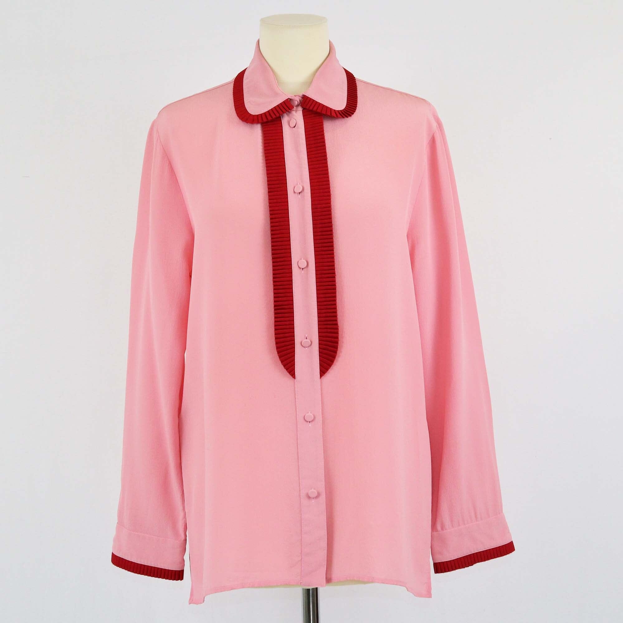 Gucci Pink/Red Contrast Trim Ruffle Detail Long Sleeve Blouse Womens Gucci 