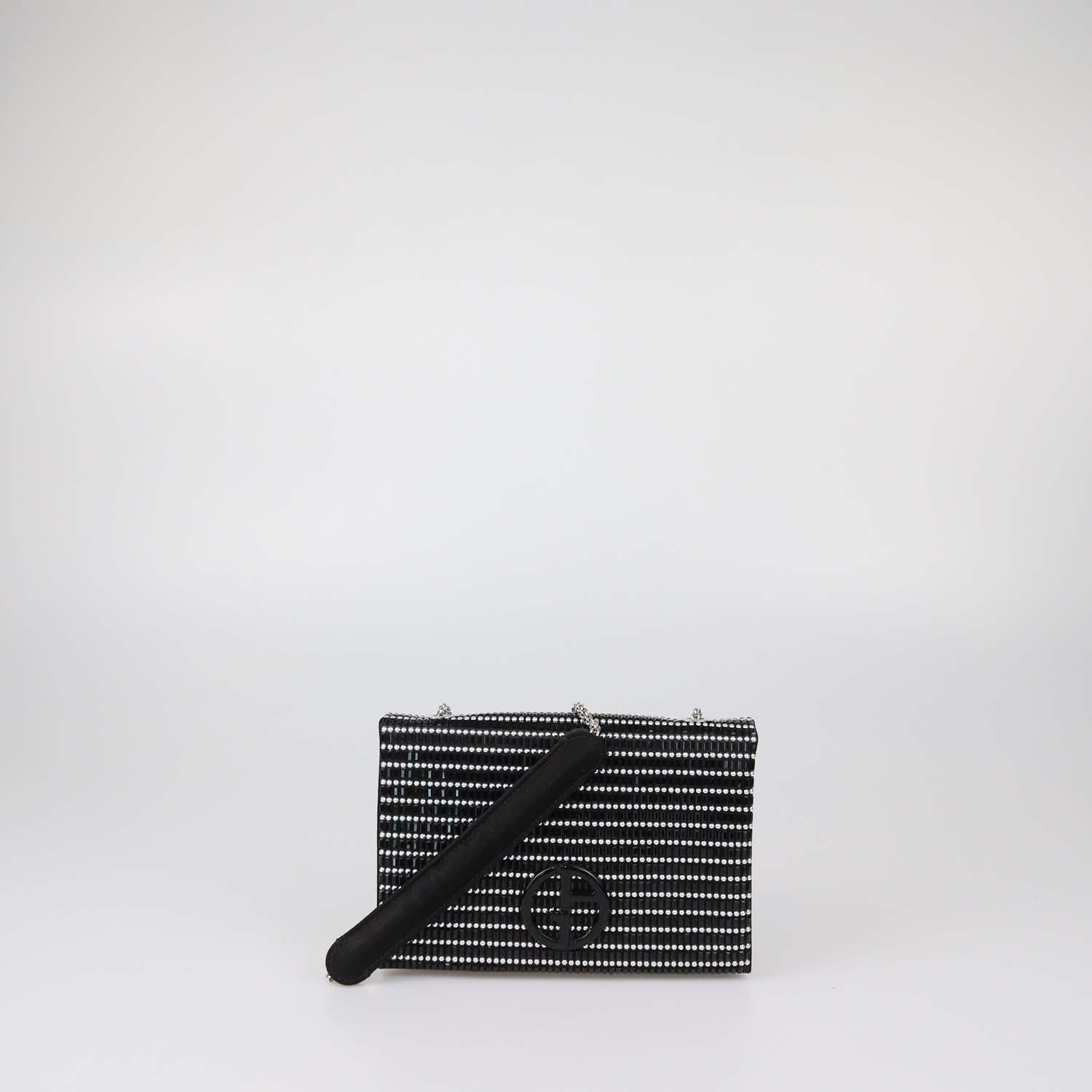 Giorgio Armani Black/Silver Beaded Satin Flap Chain Clutch