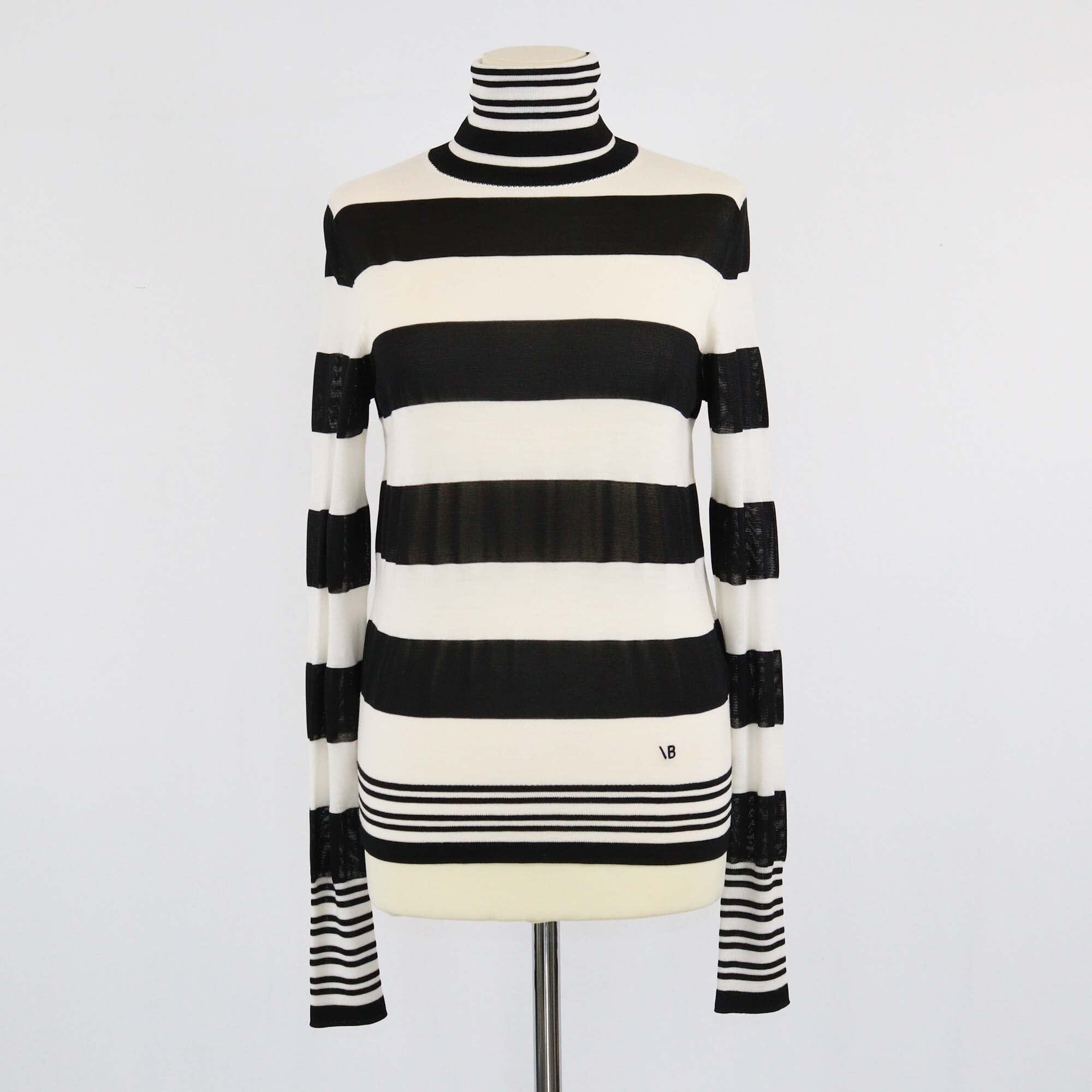 Victoria Beckham BlacklWhite Stripe Wool Knit Turtleneck Long Sleeve Sweater Womens Victoria Beckham 