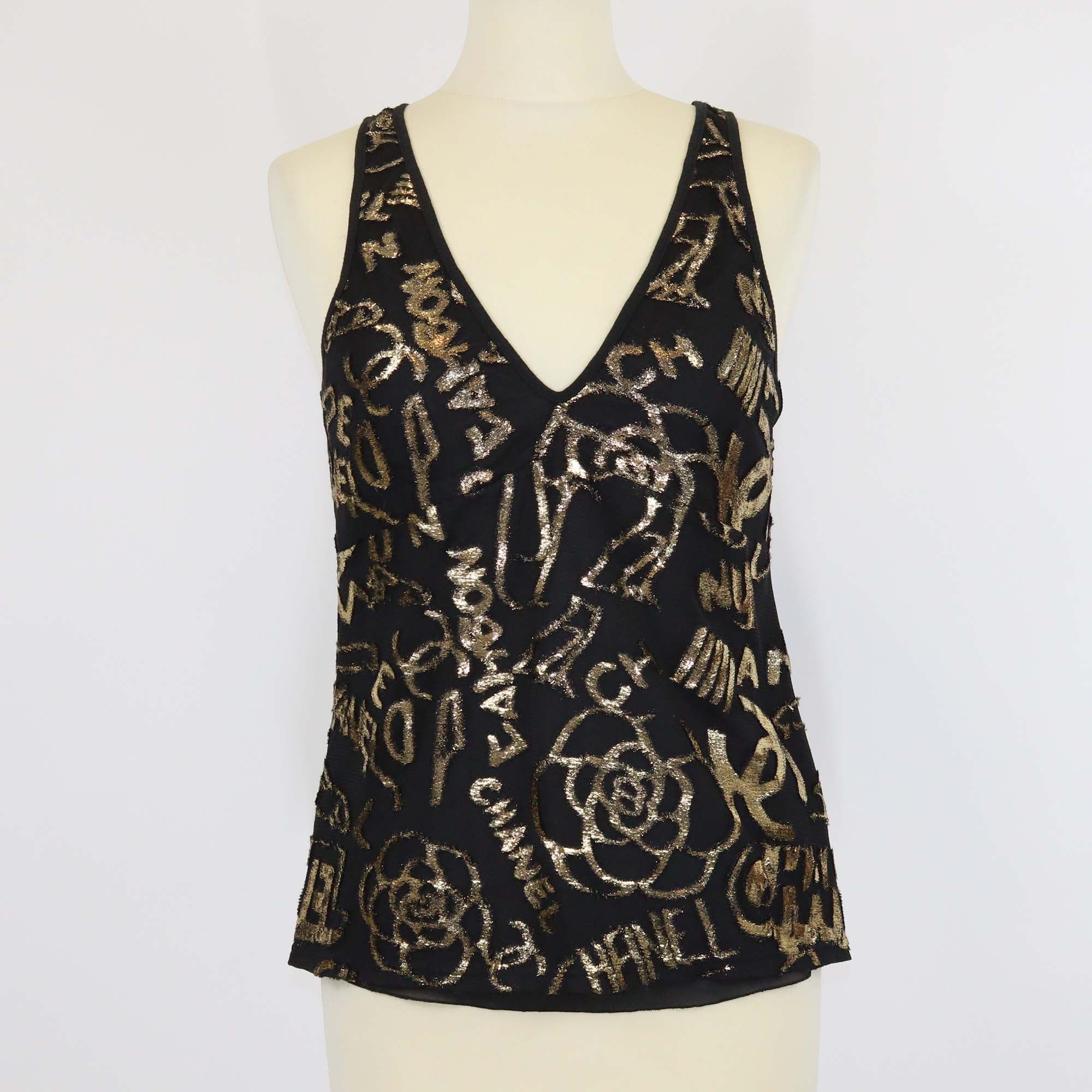 Chanel Black/Gold Blend Polyester Fil-coupe and Rib Knit Tank Top