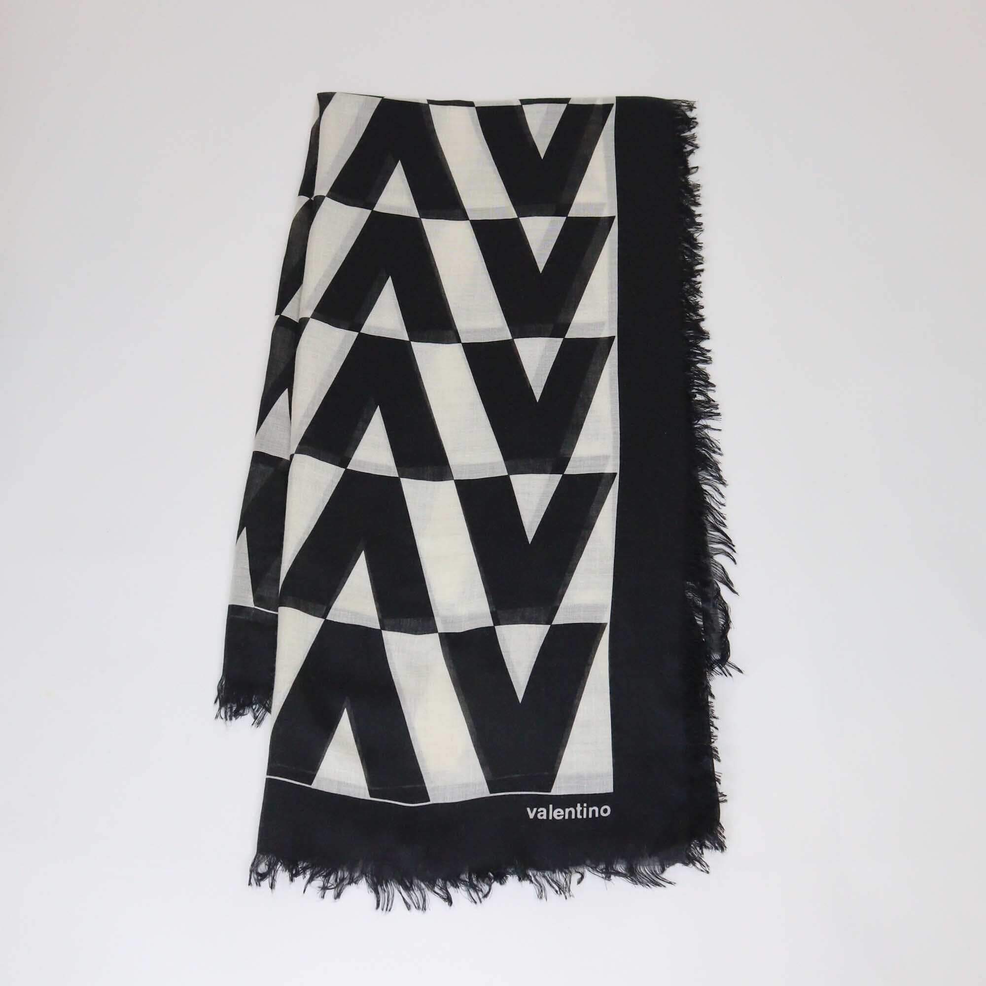 Valentino Black/White Monochrome Cashmere & Silk Fringed Scarf Womens Valentino 