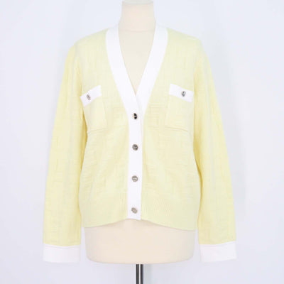 Sandro Yellow, White Wool Cashmere Monogram V Neck Cardigan
