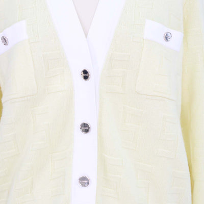 Sandro Yellow, White Wool Cashmere Monogram V Neck Cardigan