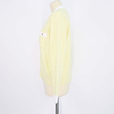 Sandro Yellow, White Wool Cashmere Monogram V Neck Cardigan