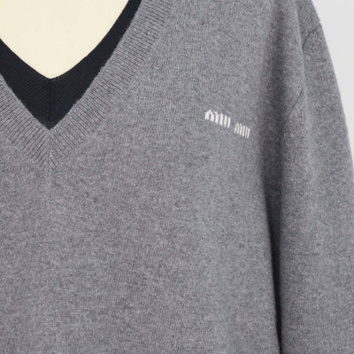Miu Miu Grey,Navy Blue Cashmere and Silk V Neck Sweater