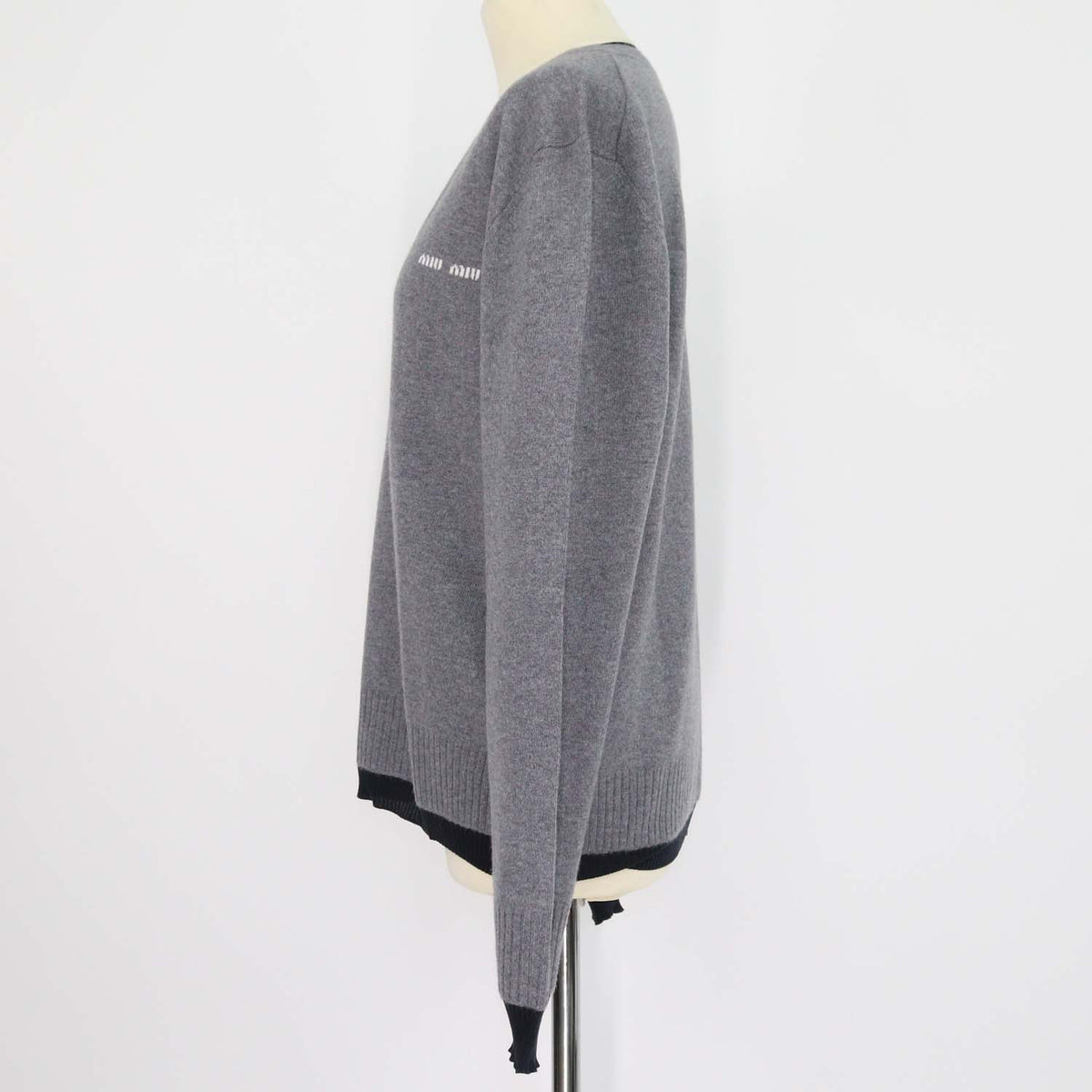 Miu Miu Grey,Navy Blue Cashmere and Silk V Neck Sweater