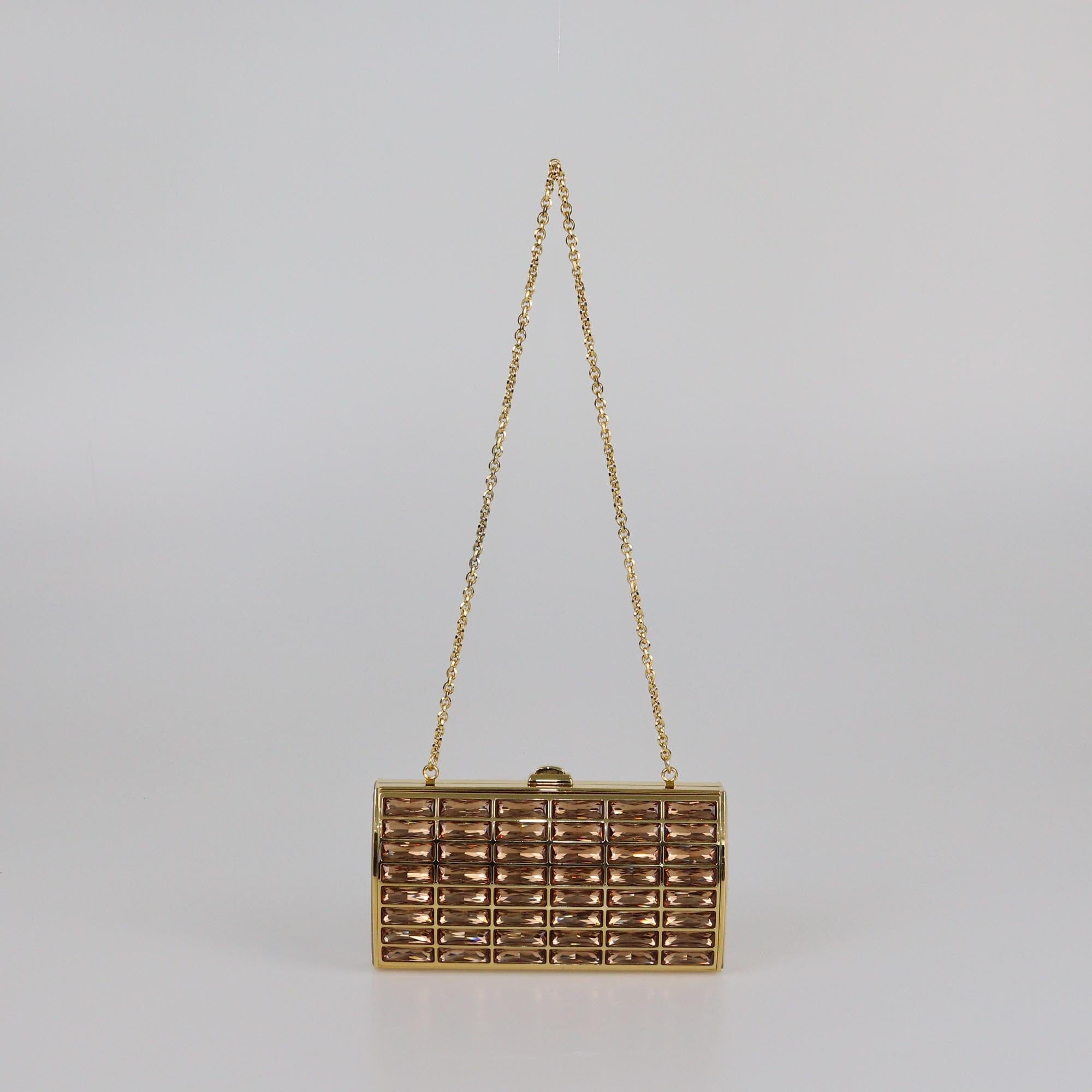 Judith Leiber Gold Tone Crystal Minaudiere Chain Cluth Womens Judith Leiber 