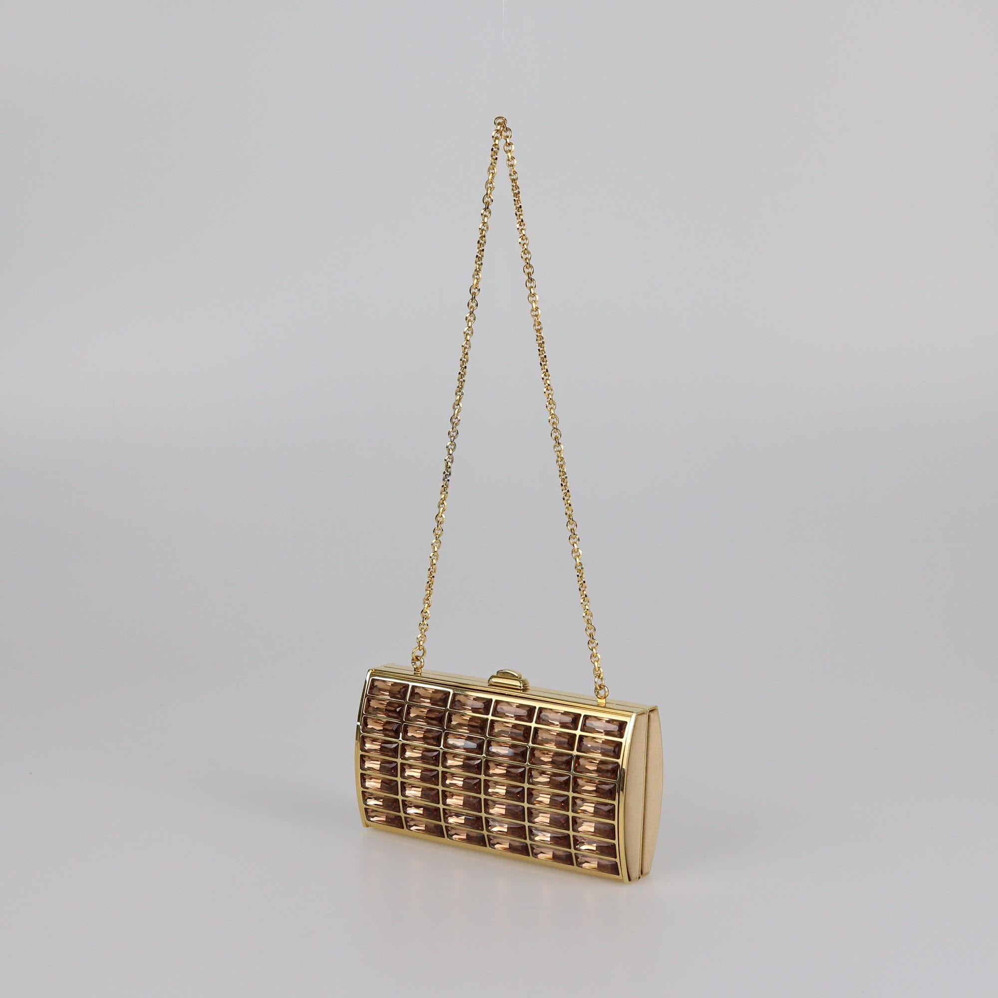 Judith Leiber Gold Tone Crystal Minaudiere Chain Cluth Womens Judith Leiber 