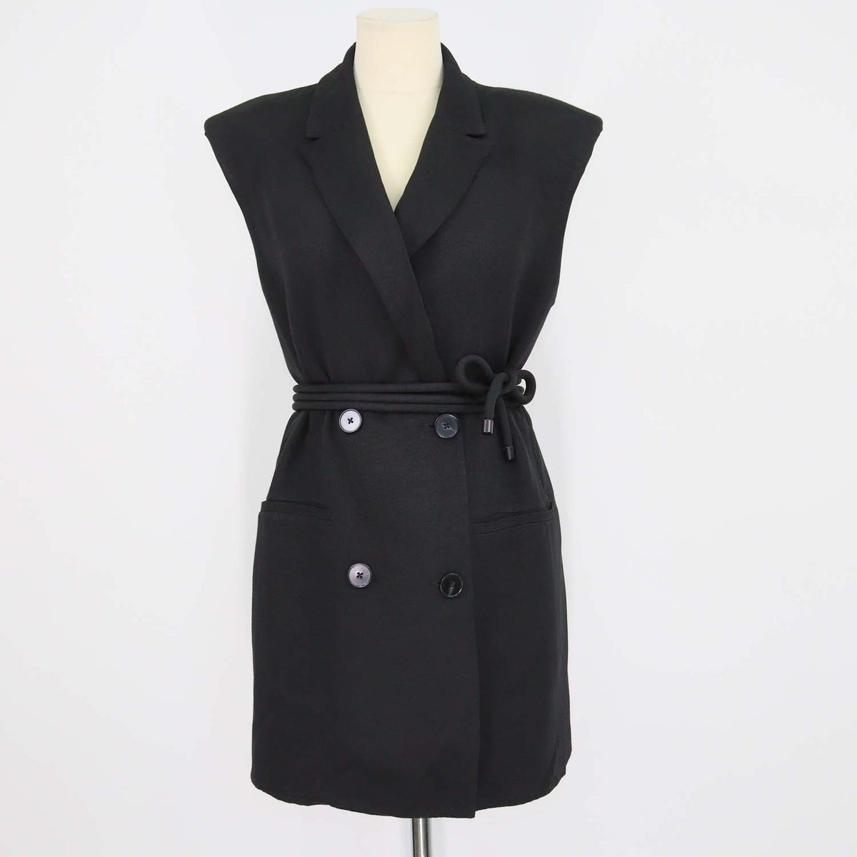 Shona Joy Black Viscose Belted Rope Sleeveless Long Vest