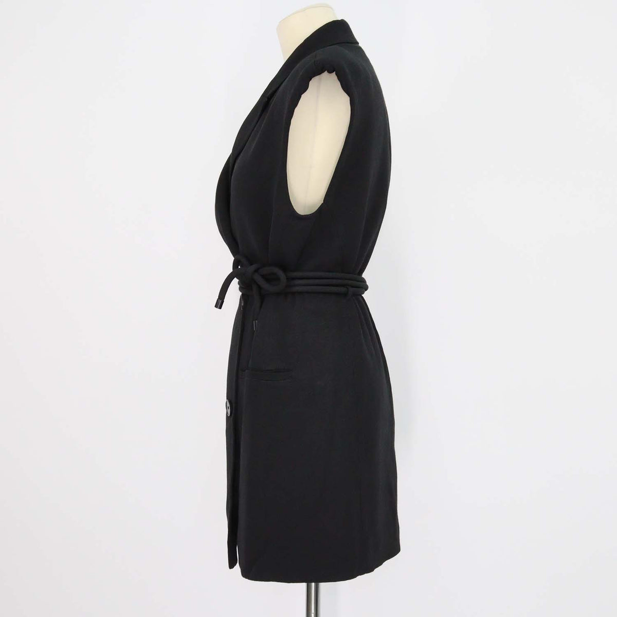Shona Joy Black Viscose Belted Rope Sleeveless Long Vest