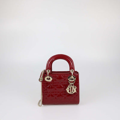 Christian Dior Red Patent Leather Cannage Mini Lady Dior Tote