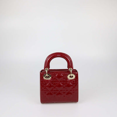 Christian Dior Red Patent Leather Cannage Mini Lady Dior Tote
