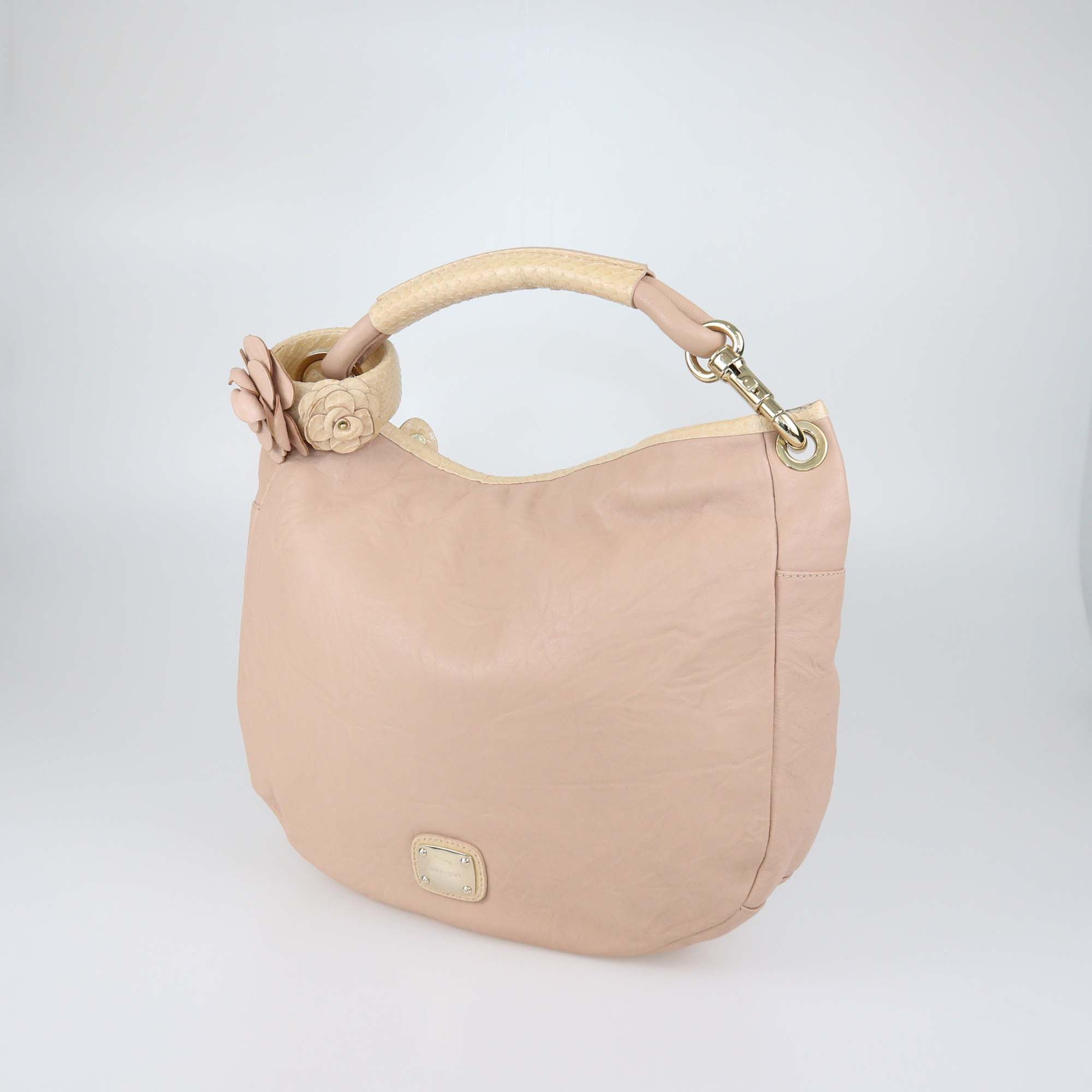 Jimmy Choo Beige Leather Textured Leather and Snake Leather Small Sky Bangle Hobo