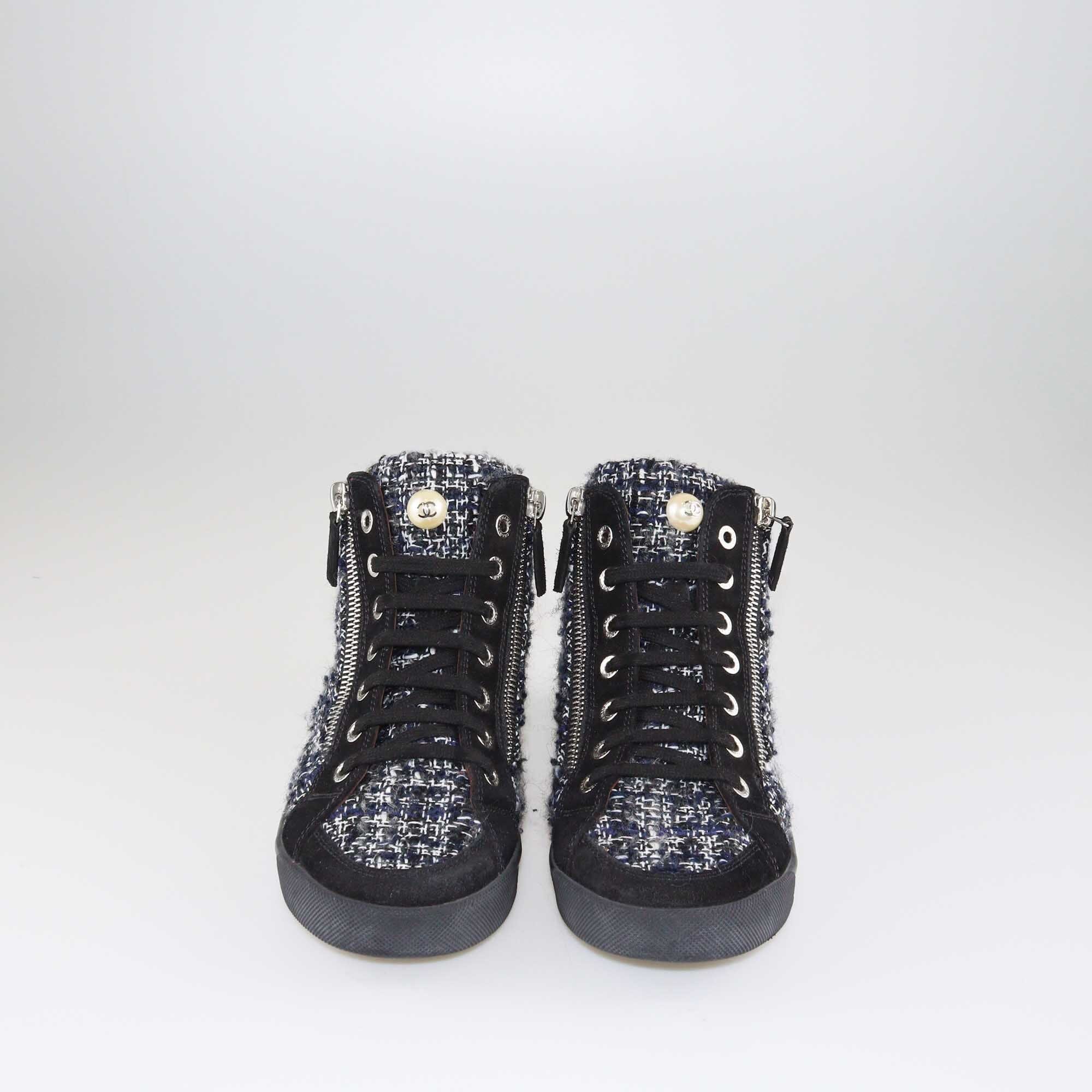 Chanel Blue/Black Tweed High Top Sneakers Shoes Chanel 