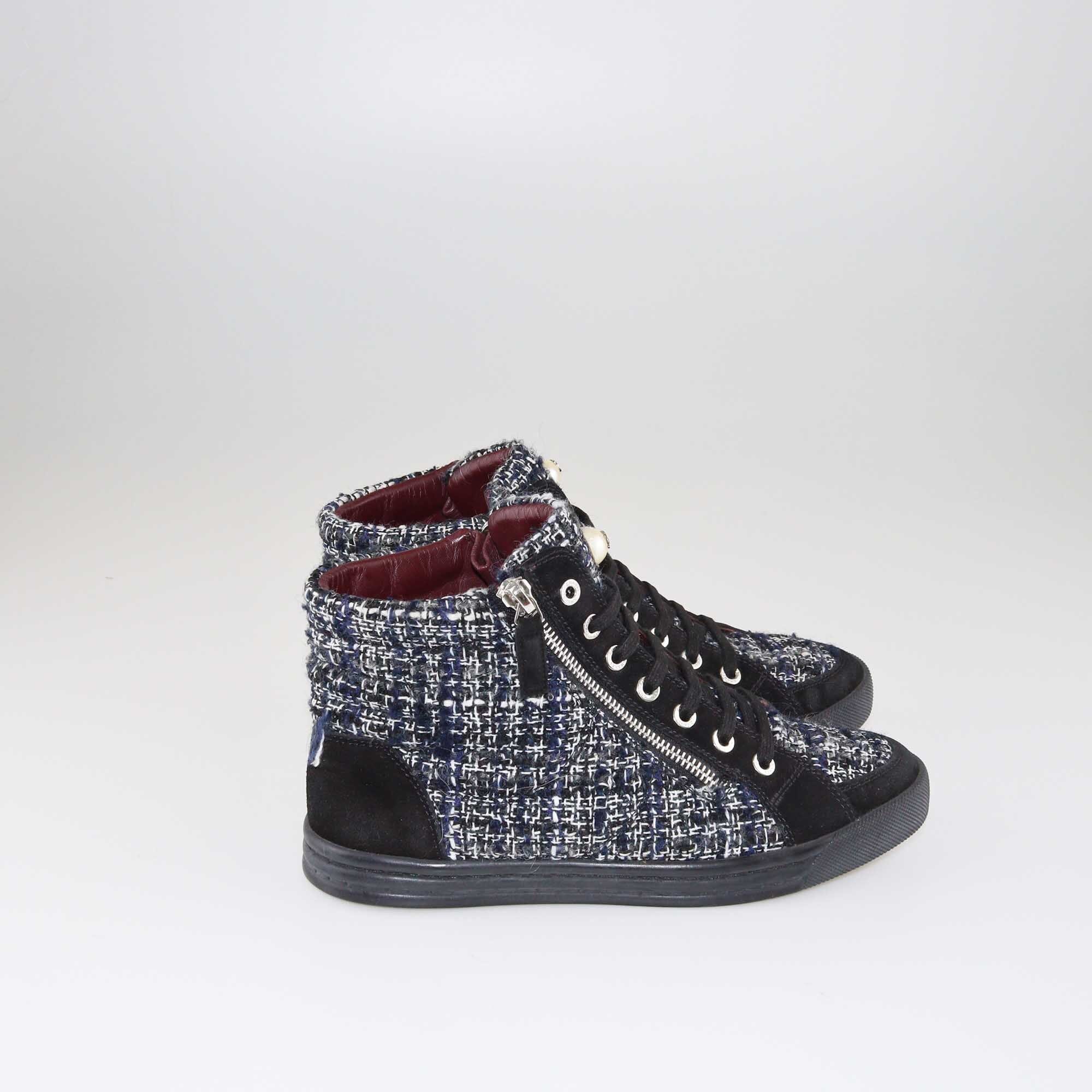 Chanel Blue/Black Tweed High Top Sneakers Shoes Chanel 