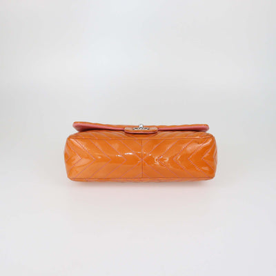 Chanel Orange Chevron Patent Leather Jumbo Classic Single Flap Bag