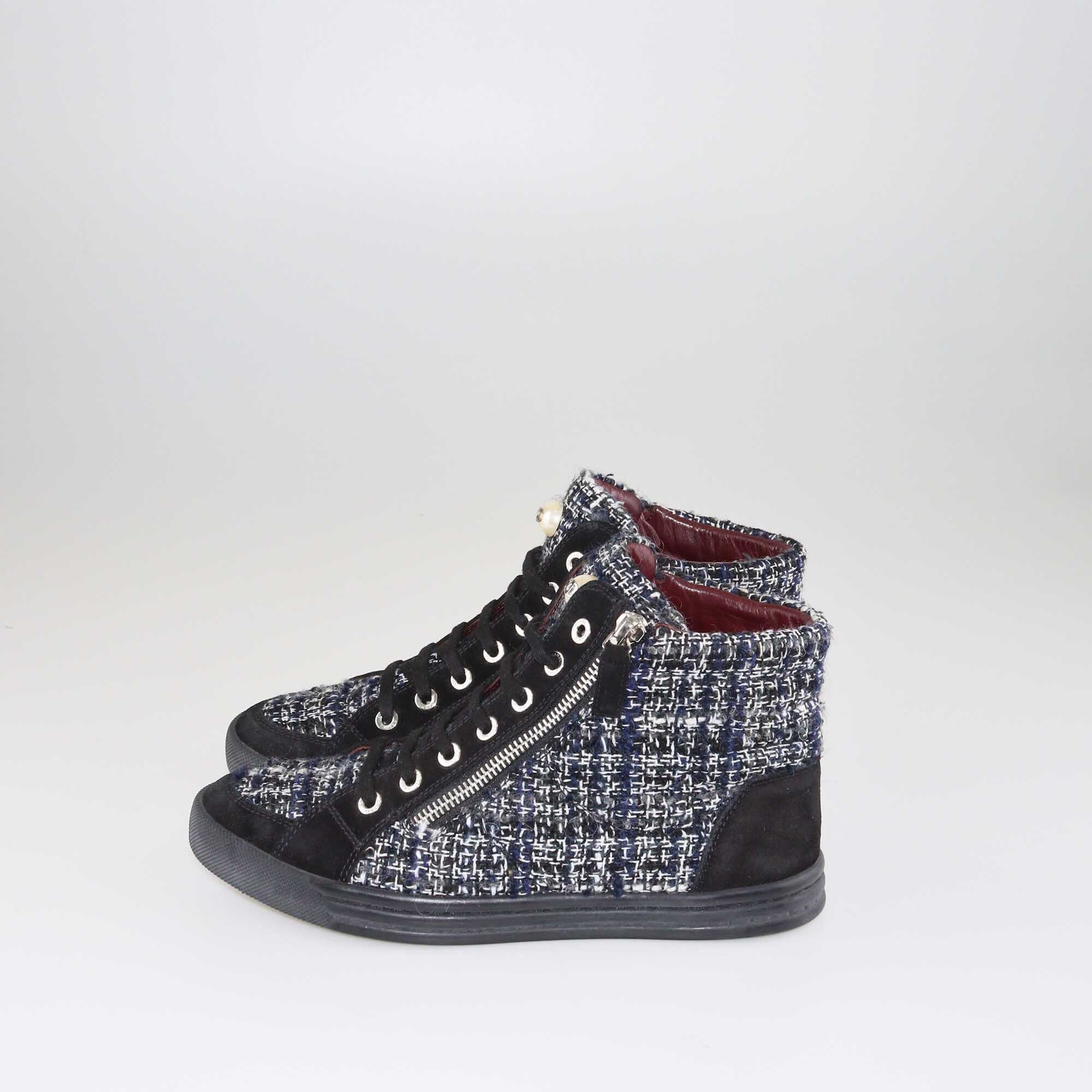 Chanel Blue/Black Tweed High Top Sneakers Shoes Chanel 