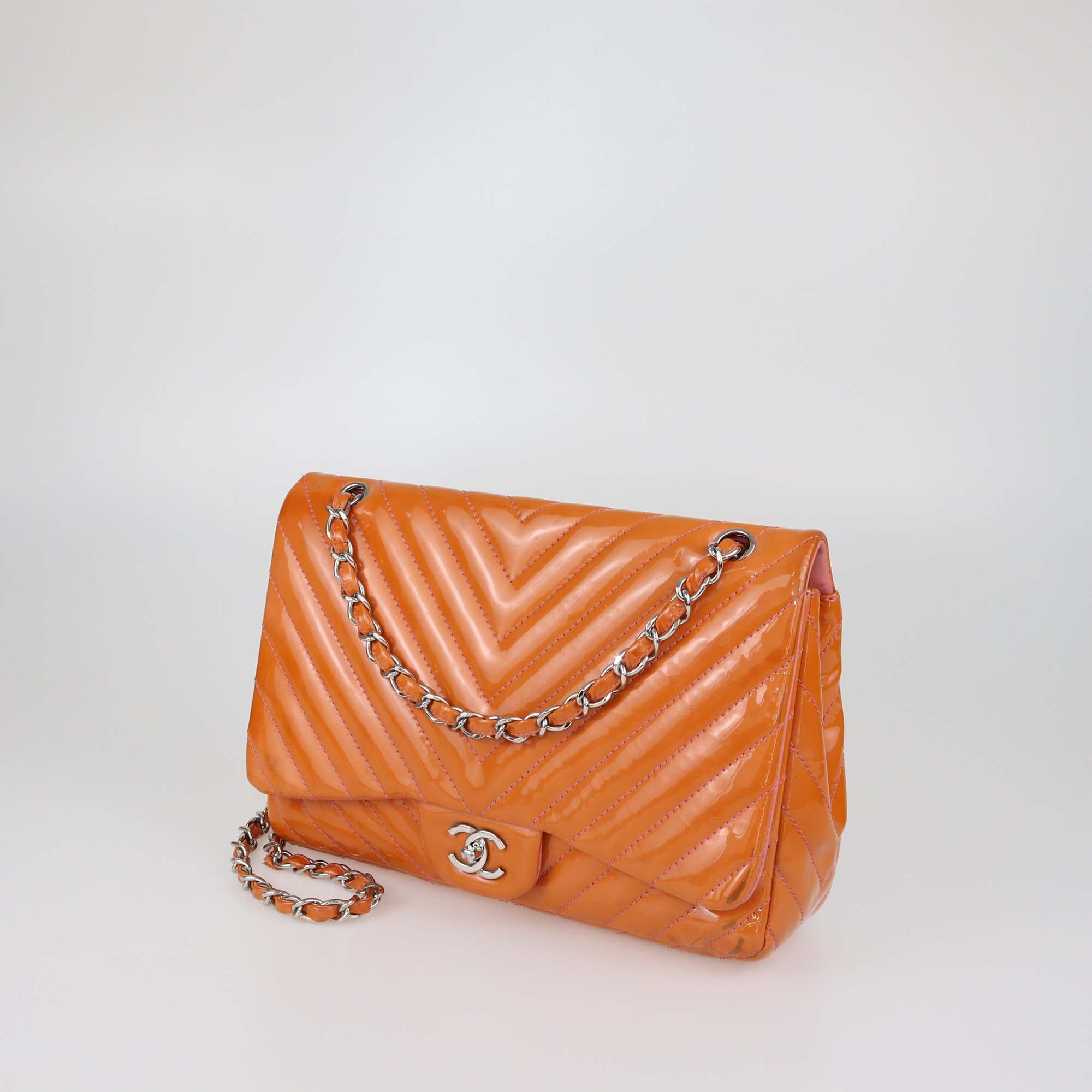 Chanel Orange Chevron Patent Leather Jumbo Classic Single Flap Bag