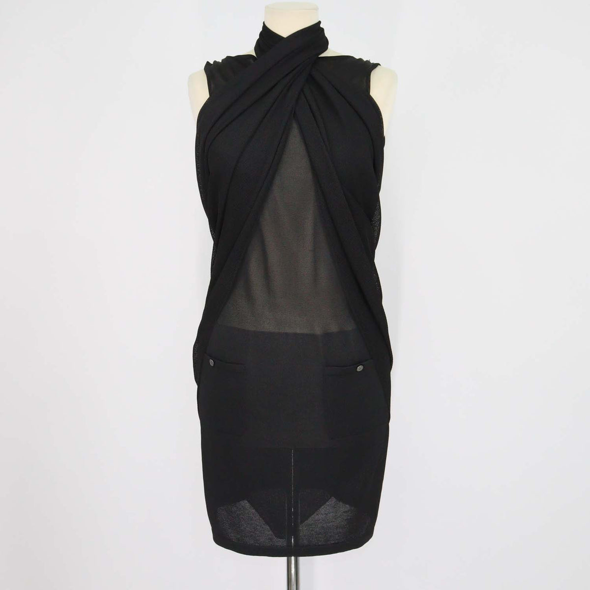 Chanel Black Blend Viscose Sheer Knit Convertible Draped Dress
