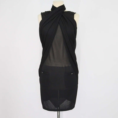Chanel Black Blend Viscose Sheer Knit Convertible Draped Dress