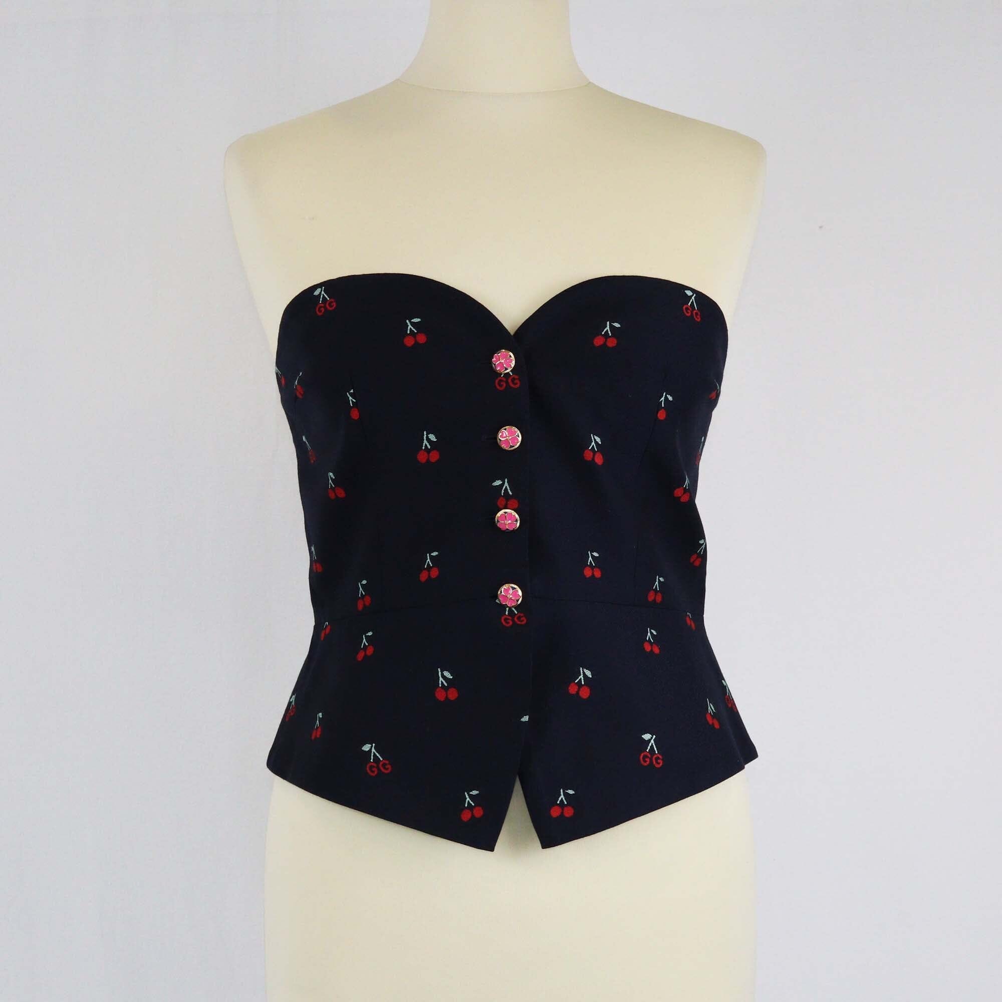 Gucci Navy Blue Cotton Cherry Print Tube Top Crop Top Womens Gucci 