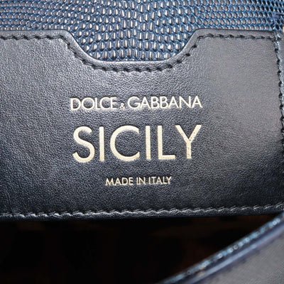 Dolce & Gabbana Black Lizard Embossed Leather Medium Crystal DG Miss Sicily Top Handle Bag