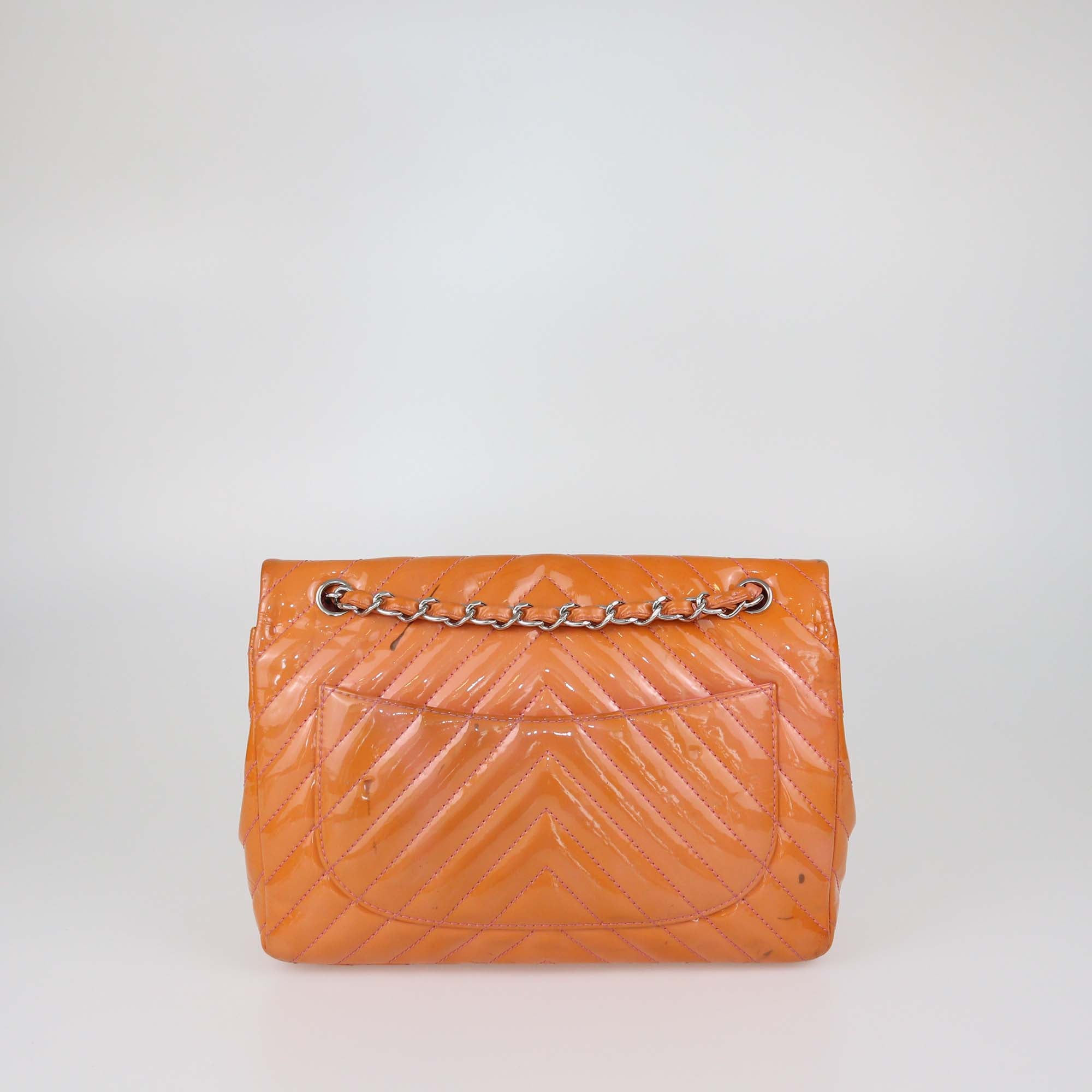 Chanel Orange Chevron Patent Leather Jumbo Classic Single Flap Bag