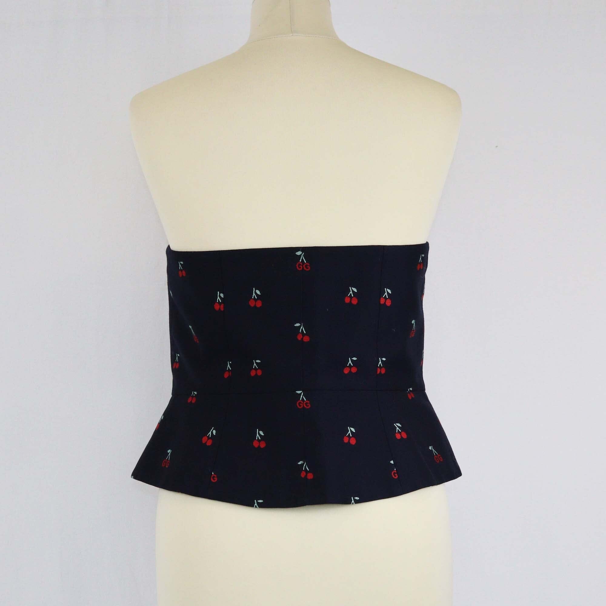 Gucci Navy Blue Cotton Cherry Print Tube Top Crop Top