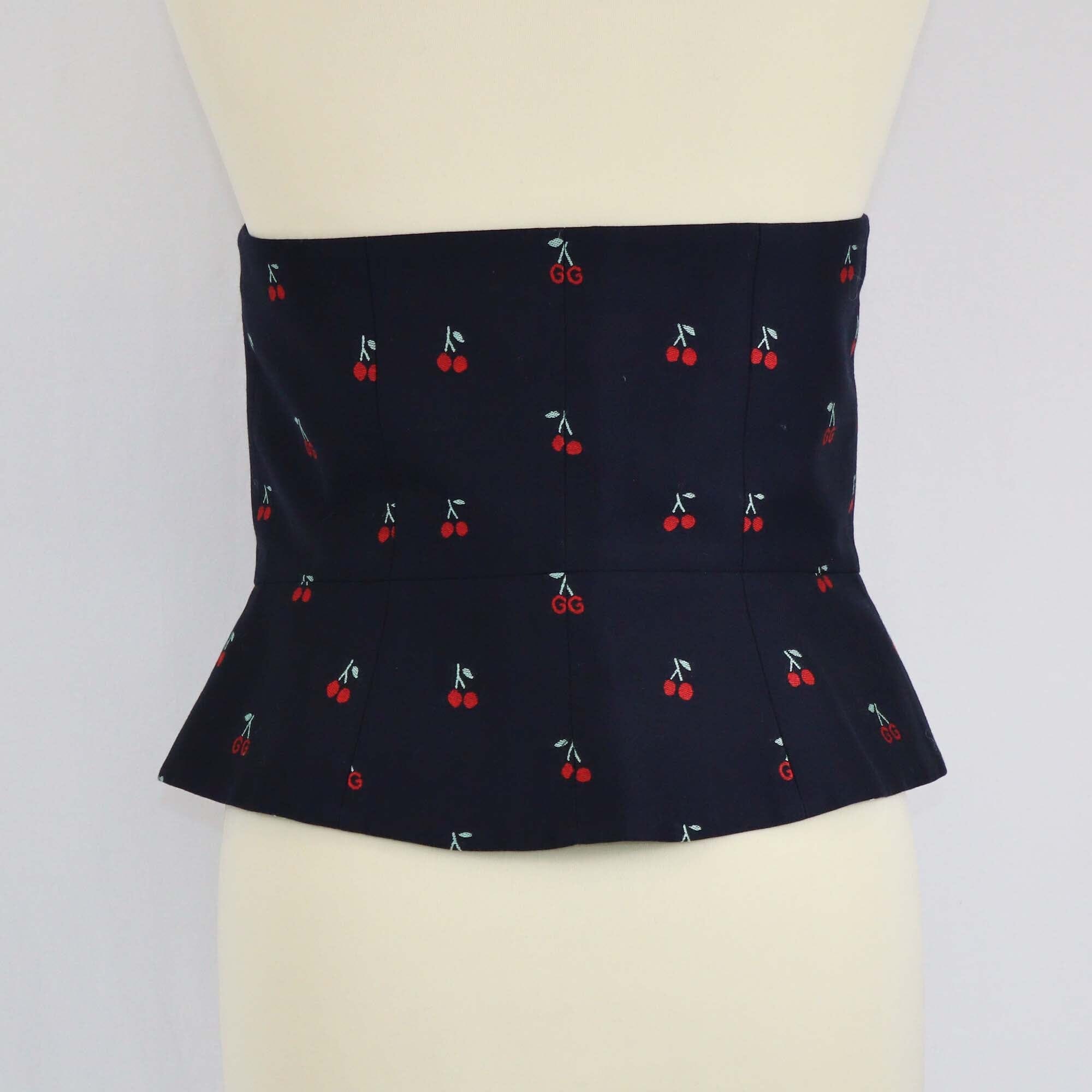 Gucci Navy Blue Cotton Cherry Print Tube Top Crop Top Womens Gucci 