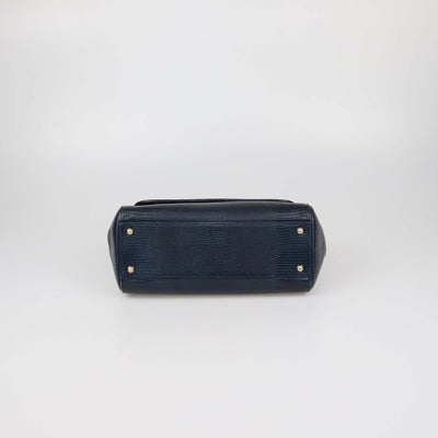 Dolce & Gabbana Black Lizard Embossed Leather Medium Crystal DG Miss Sicily Top Handle Bag