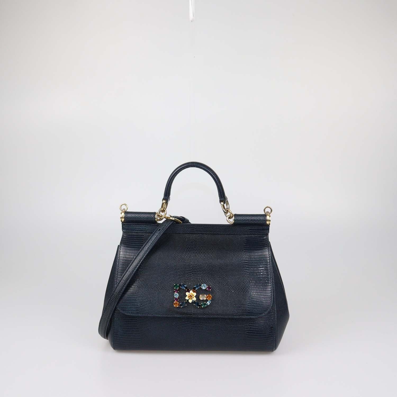 Dolce & Gabbana Black Lizard Embossed Leather Medium Crystal DG Miss Sicily Top Handle Bag