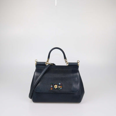 Dolce & Gabbana Black Lizard Embossed Leather Medium Crystal DG Miss Sicily Top Handle Bag