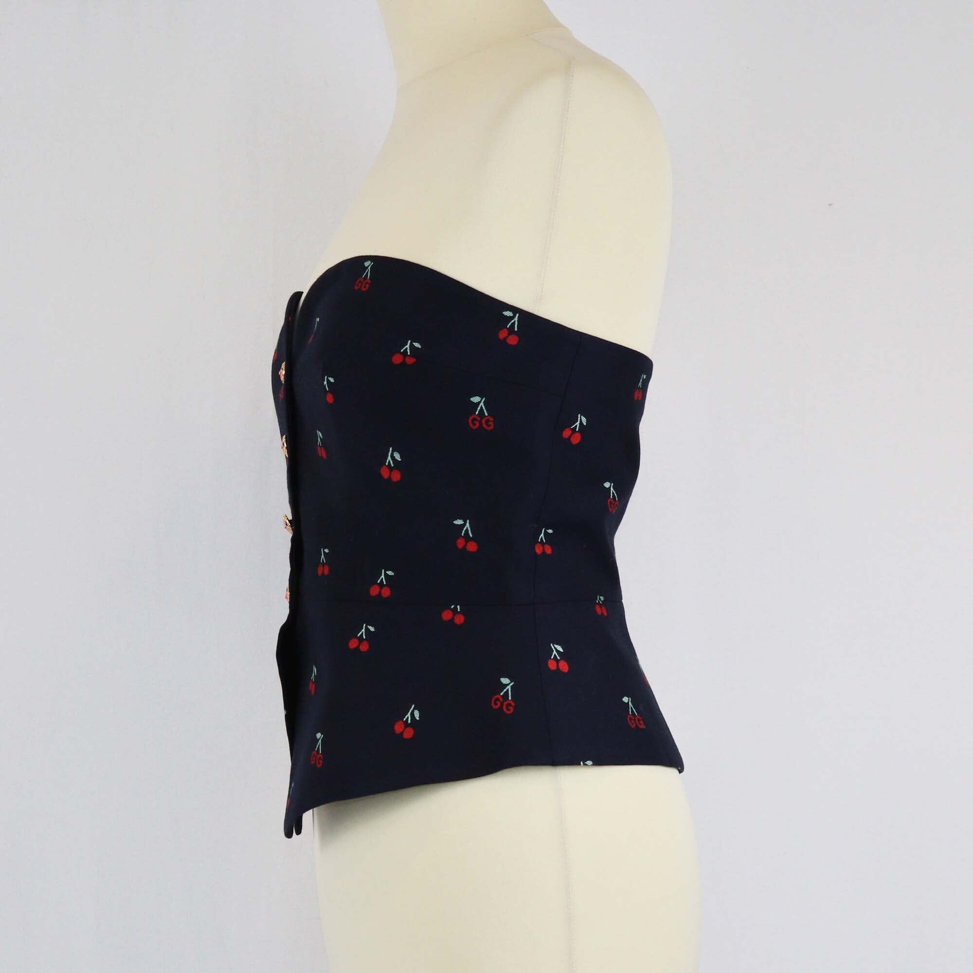 Gucci Navy Blue Cotton Cherry Print Tube Top Crop Top Womens Gucci 