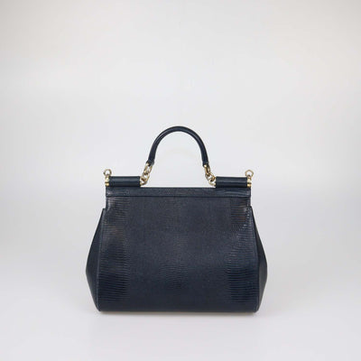 Dolce & Gabbana Black Lizard Embossed Leather Medium Crystal DG Miss Sicily Top Handle Bag