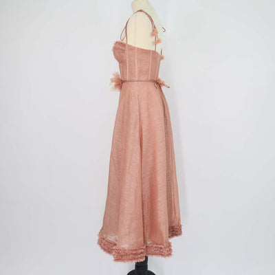 Zimmermann Dusty Peach Linen and Silk Luna Ruffle Midi Dress