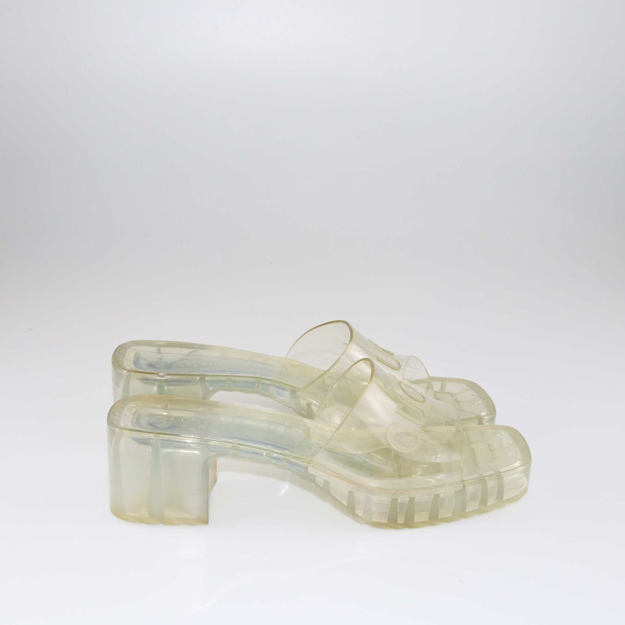 Gucci Transparent Embossed Logo Block Heel Slides