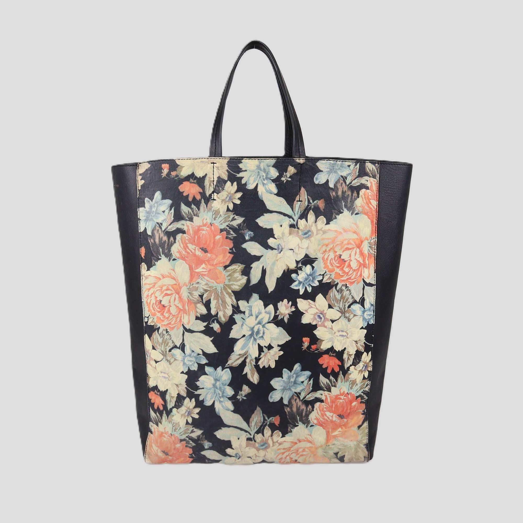 Celine Black Floral Print Leather Vertical Cabas Tote