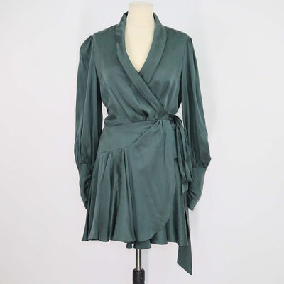 Zimmermann Dark Green Silk Flared Mini Wrap Dress