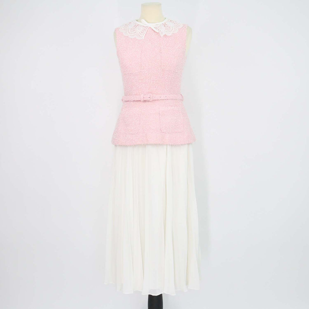 Self-Portrait Pink, White Tweed Boucle Lace Collar Pleated Midi Dress