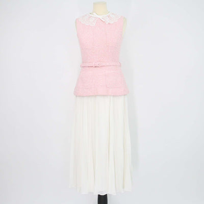 Self-Portrait Pink, White Tweed Boucle Lace Collar Pleated Midi Dress