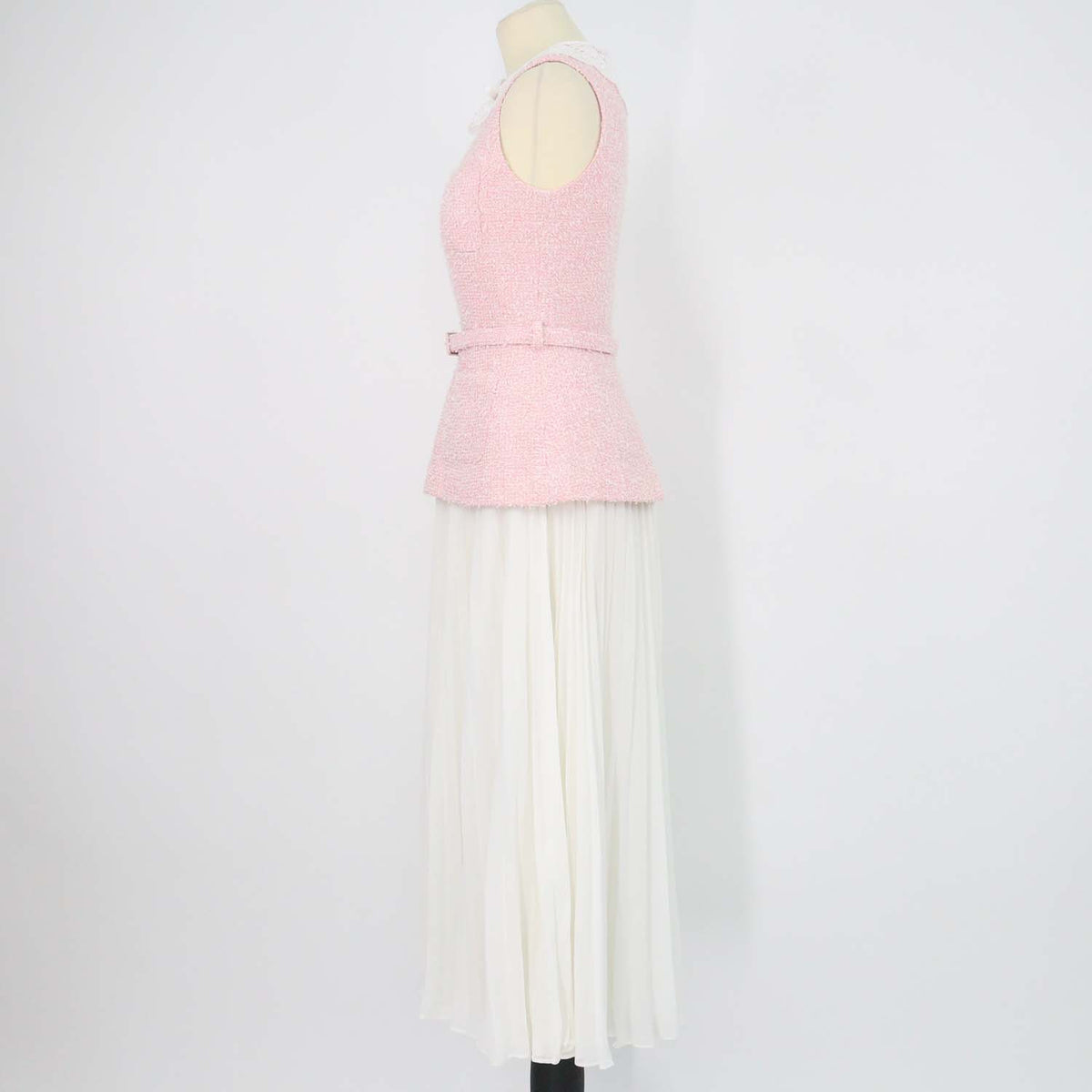 Self-Portrait Pink, White Tweed Boucle Lace Collar Pleated Midi Dress