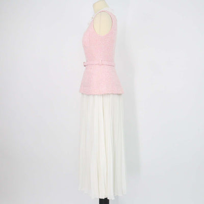 Self-Portrait Pink, White Tweed Boucle Lace Collar Pleated Midi Dress