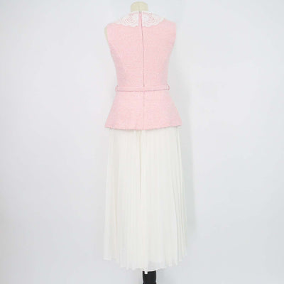 Self-Portrait Pink, White Tweed Boucle Lace Collar Pleated Midi Dress