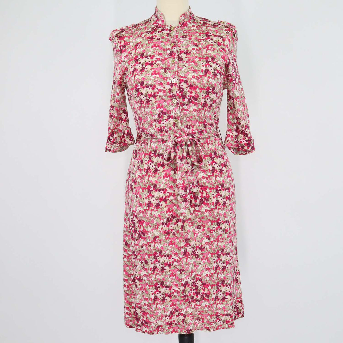 Tory Burch Pink Rayon Floral Print Half Sleeve Belted Midi Dress
