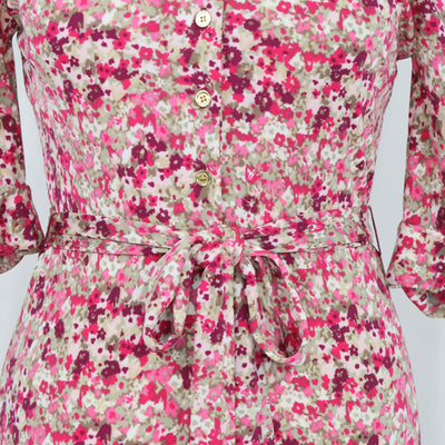 Tory Burch Pink Rayon Floral Print Half Sleeve Belted Midi Dress